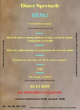 Menu de la soiree spectacle d'igor